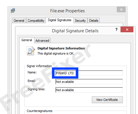 Screenshot of the PINWID LTD certificate
